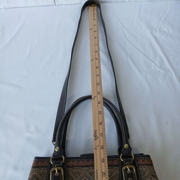 Relic By Fossil Woman’s Purse Brown Carpet Bag Leather Zippered Handles Straps - Picture 9 of 9